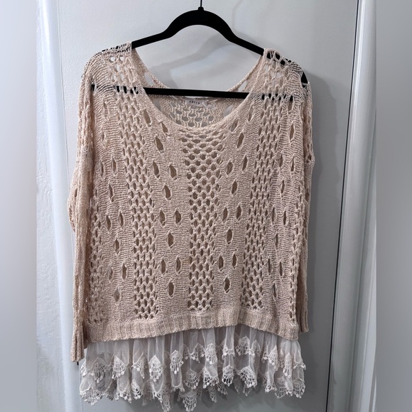 entro Sweaters - Entro Boho Cream Crochet Knitted Sweater with Layered Lace Trim